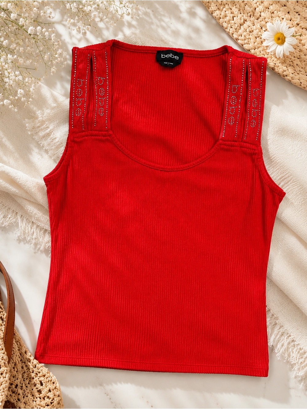 bebe Y2K Rhinestone Red Ribbed Tank Top McBling Glam